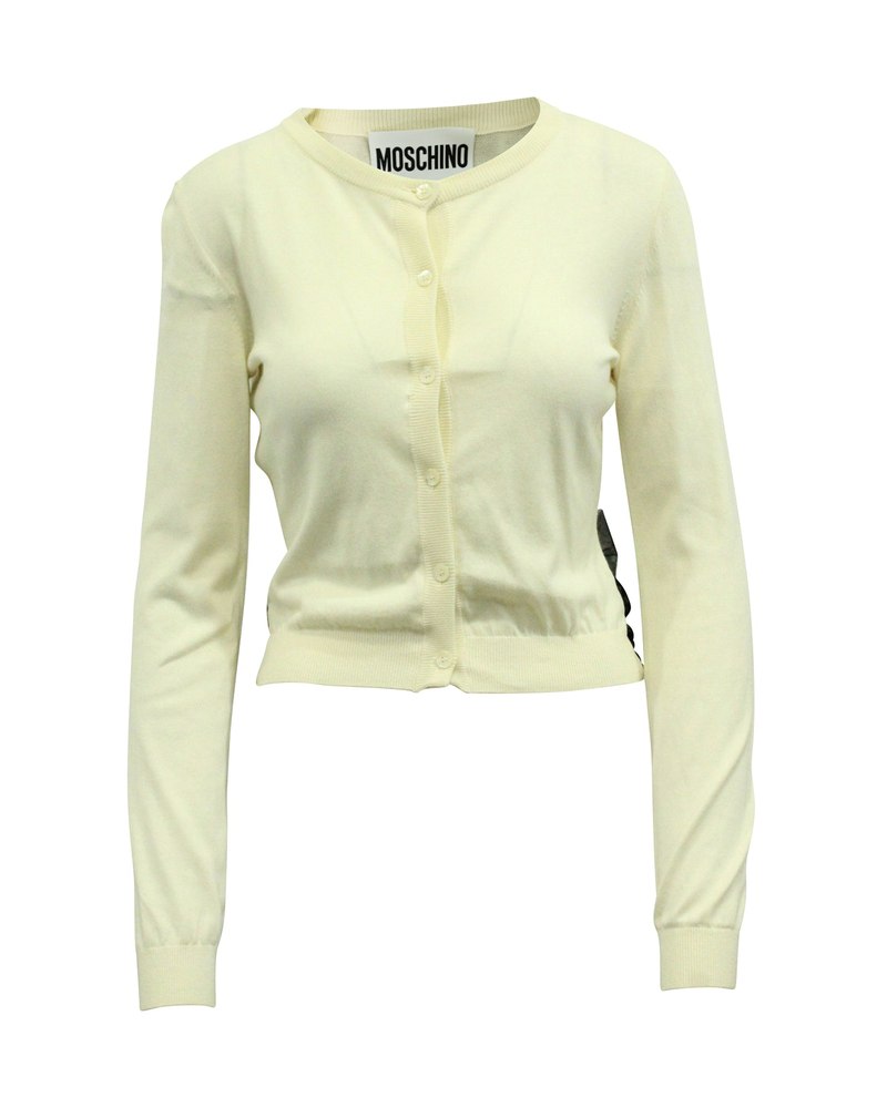 Moschino Bow Embellished Knit Cardigan in Cream and Black Polyamide 7766520758332