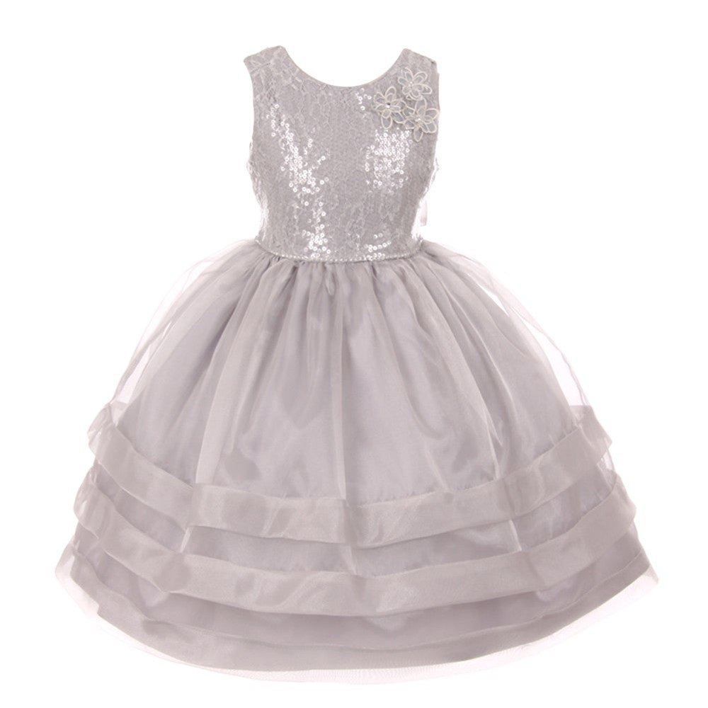 RainKids Little Girls Silver Sequin Lace Organza Overlaid Flower Girl Dress 2-6