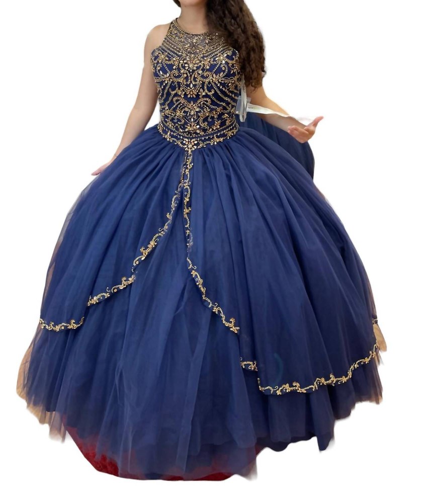 Sleeveless Quinceañera Dress In Navy/gold 7766606381116