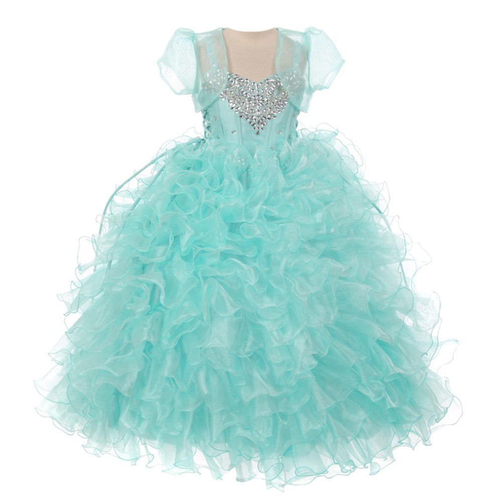 Big Girls Aqua Heart Shape Beaded Organza Jacket Pageant Dress 8-12