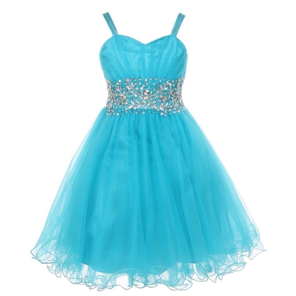 Big Girls Jade Stone Encrusted Pleated Tulle Junior Bridesmaid Dress 8-16