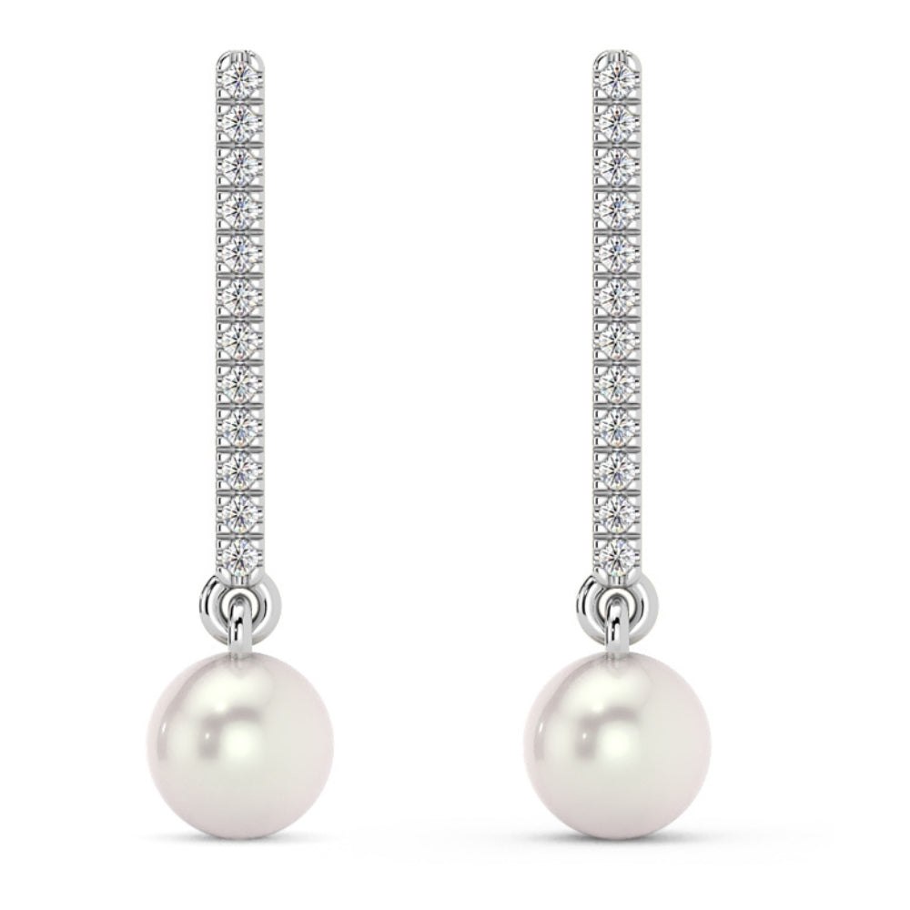 6mm Pearl & Diamond Dangle Earrings Women’s 14k Gold Tennis Earrings Lab Grown