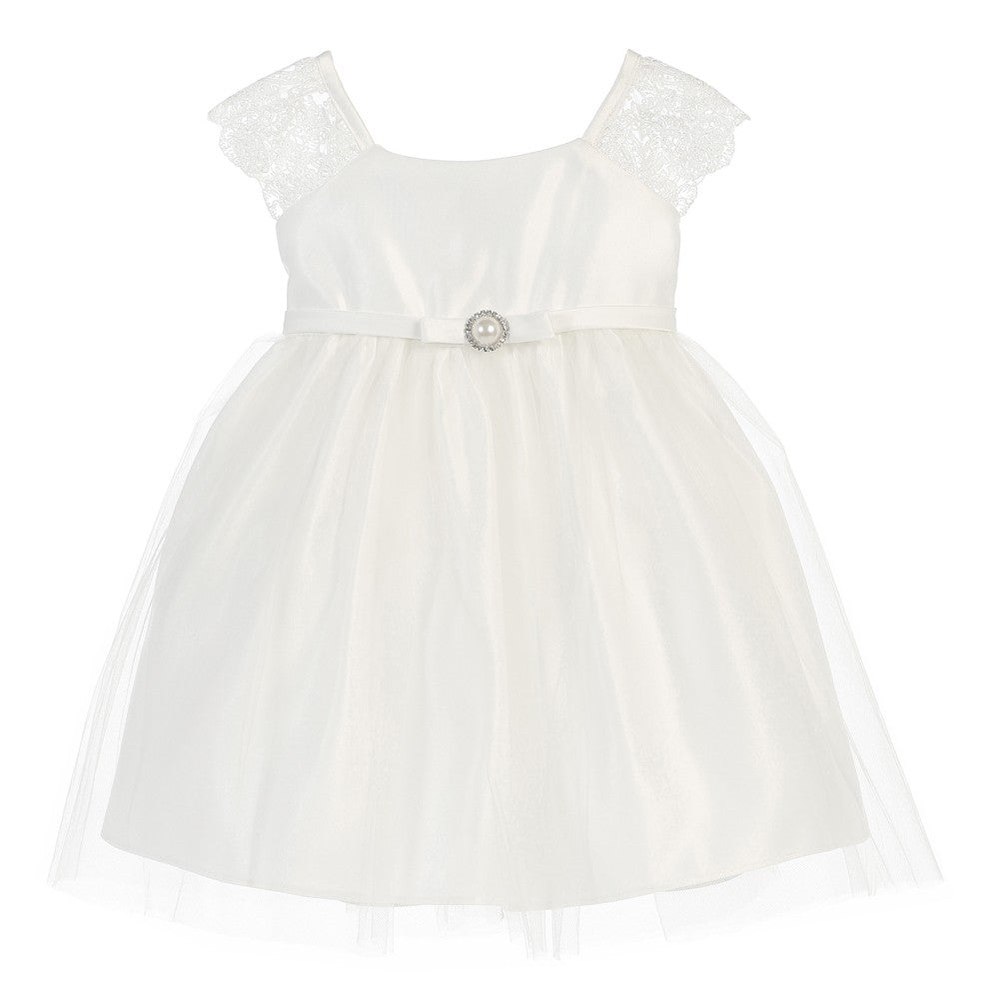 Baby Girls White Satin Lace Pearl Brooch Flower Girl Dress 6-24M