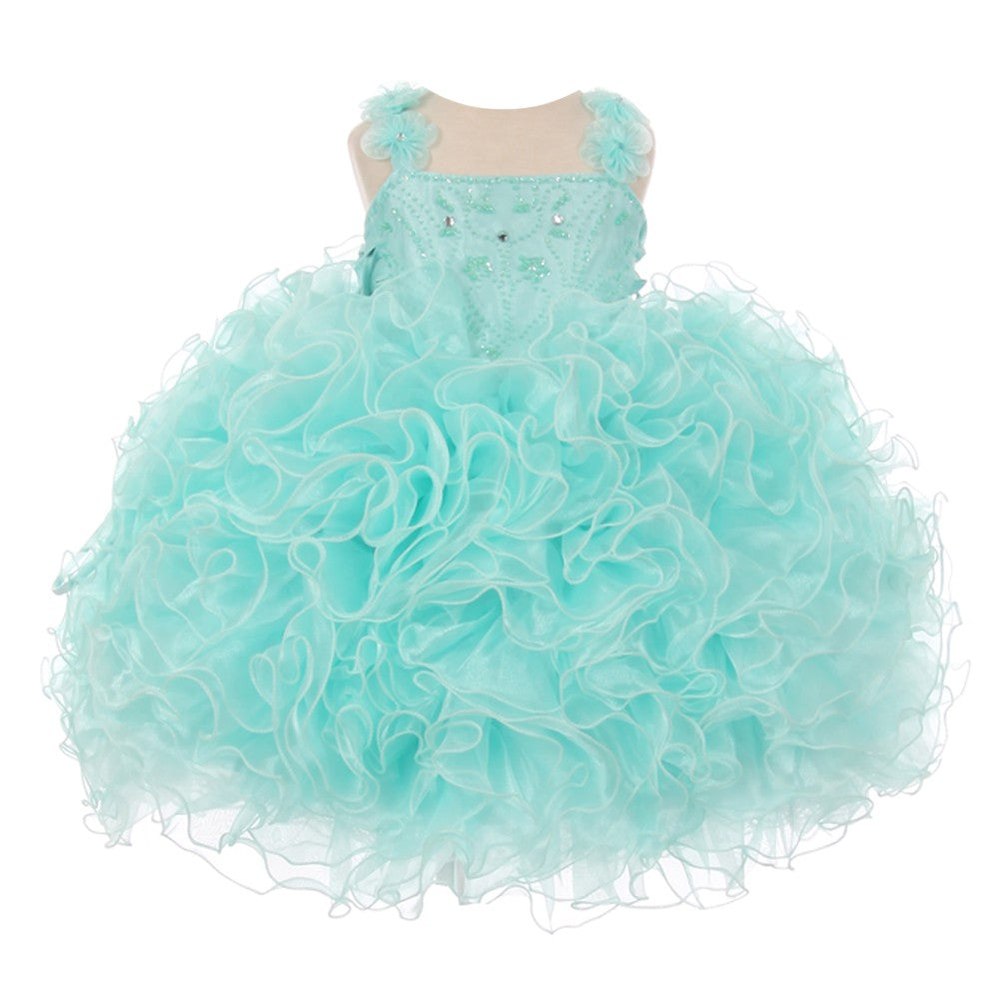 RainKids Little Girls Aqua Beaded Cascade Ruffle Organza Pageant Dress 2-6