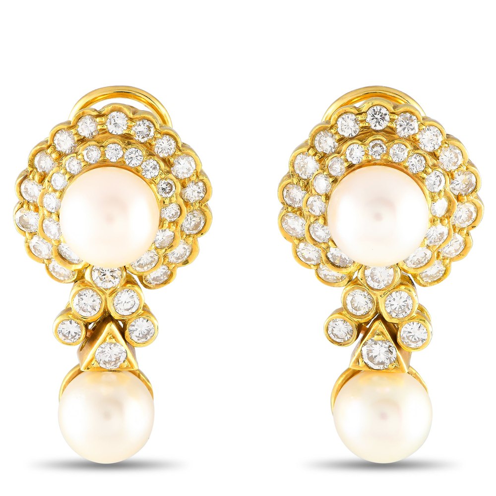 LB Exclusive 18K Yellow Gold 3.50ct Diamond and Pearl Clip-On Earrings MF03-032824