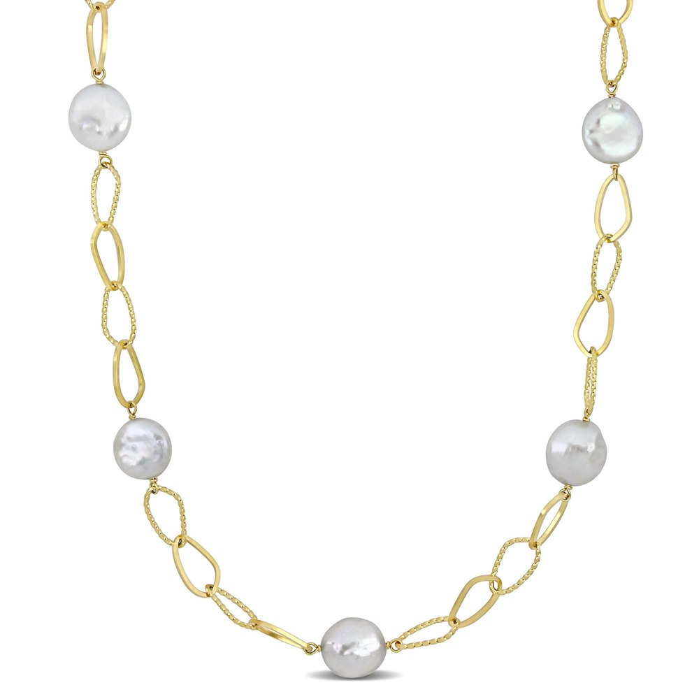 Mimi & Max 14-15mm Cultured Freshwater Coin Pearl Station Chain Necklace in Yellow Silver – 36 in