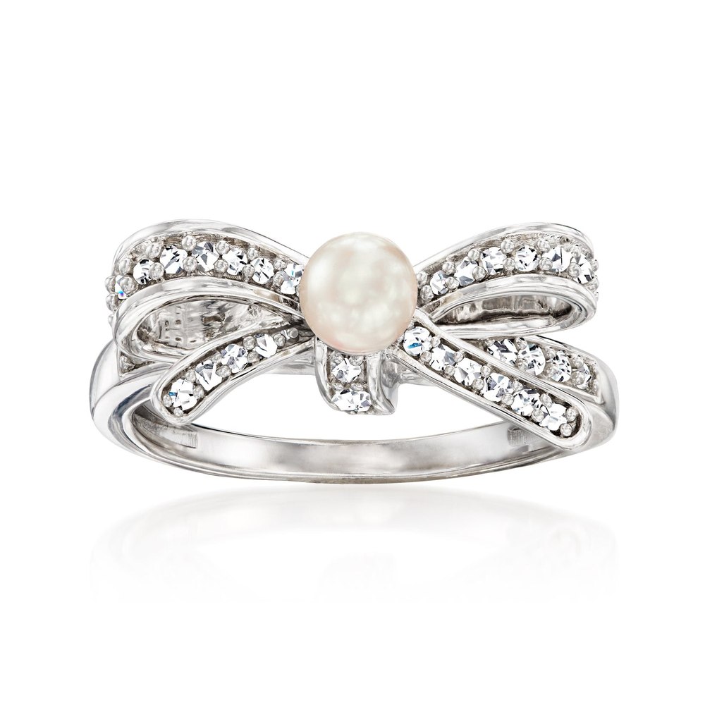 Ross-Simons 4-4.5mm Cultured Pearl and . Diamond Bow Ring in Sterling Silver 7832743116860