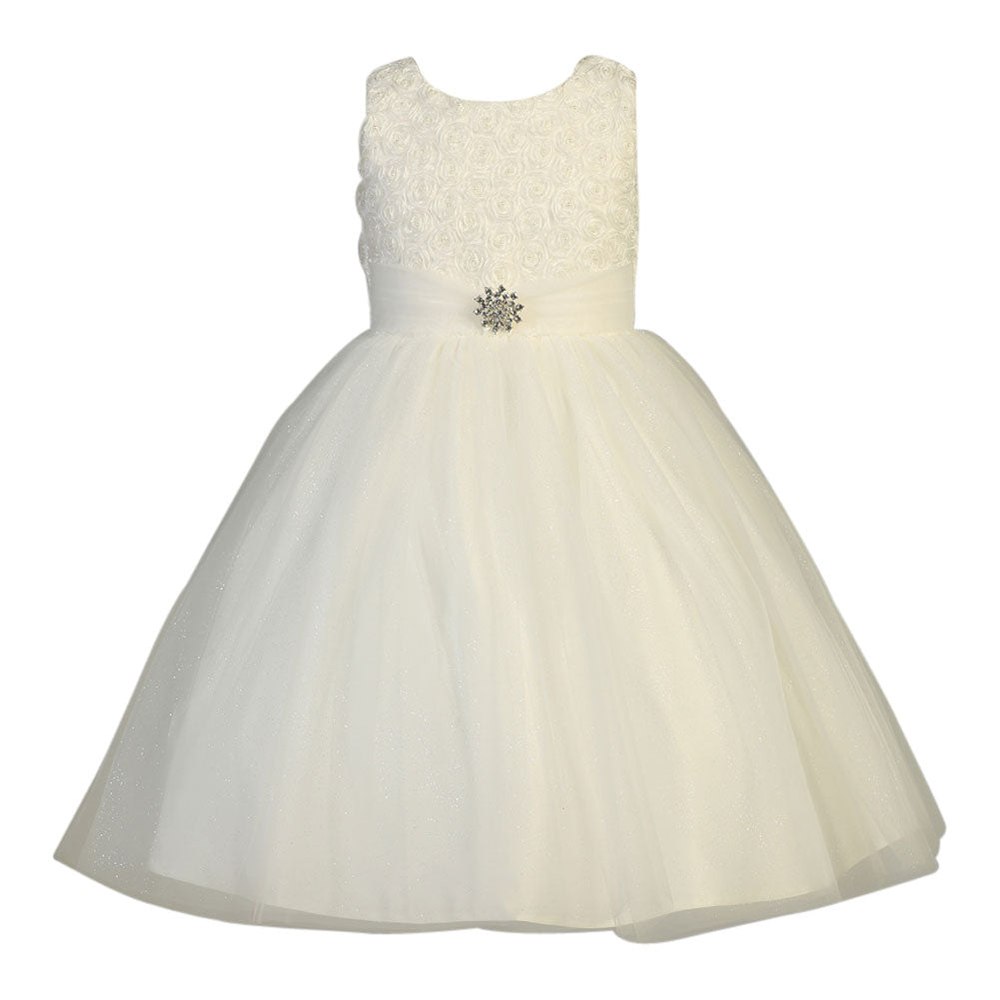 Little Girls Ivory Organza Floral Pearl Tulle Flower Girl Dress 2T-6
