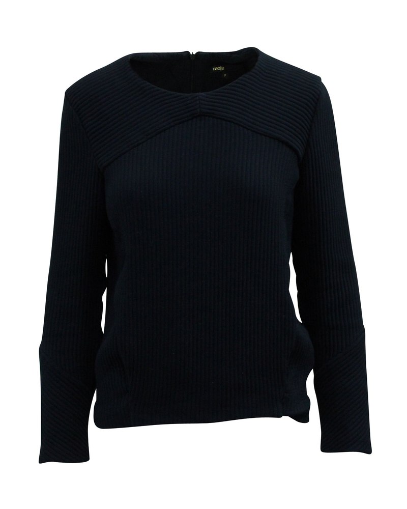 Maje Ribbed Long Sleeve Top with Pockets in Navy Blue Cotton 7833141608508