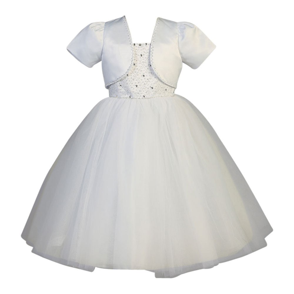 Little Girls White Beaded Satin Tulle Bolero First Communion Dress 5-6