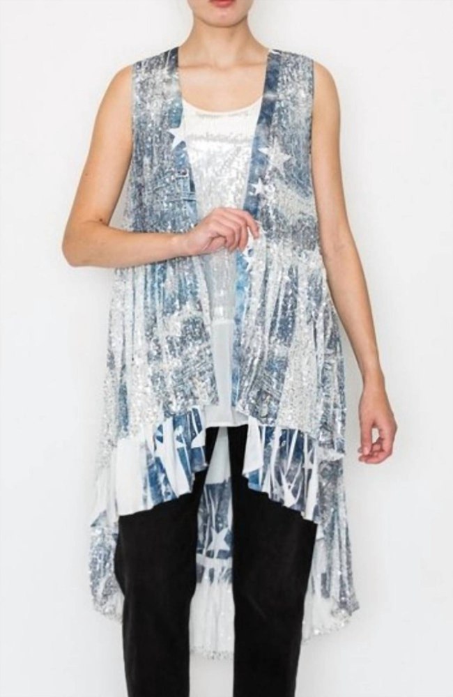 Denim Star Sequin Vest In Grey