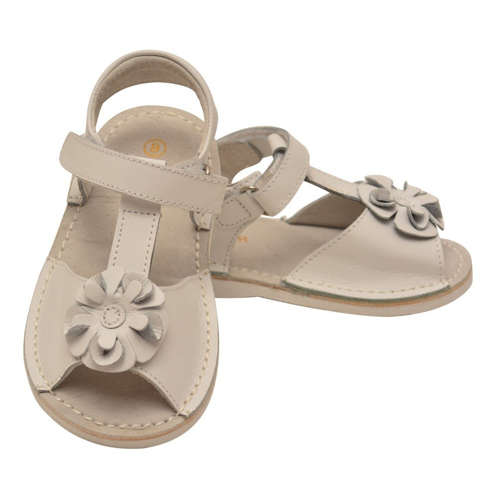 Little Girls White Curly Flower Adorned Leather Sandals 5-10 Toddler