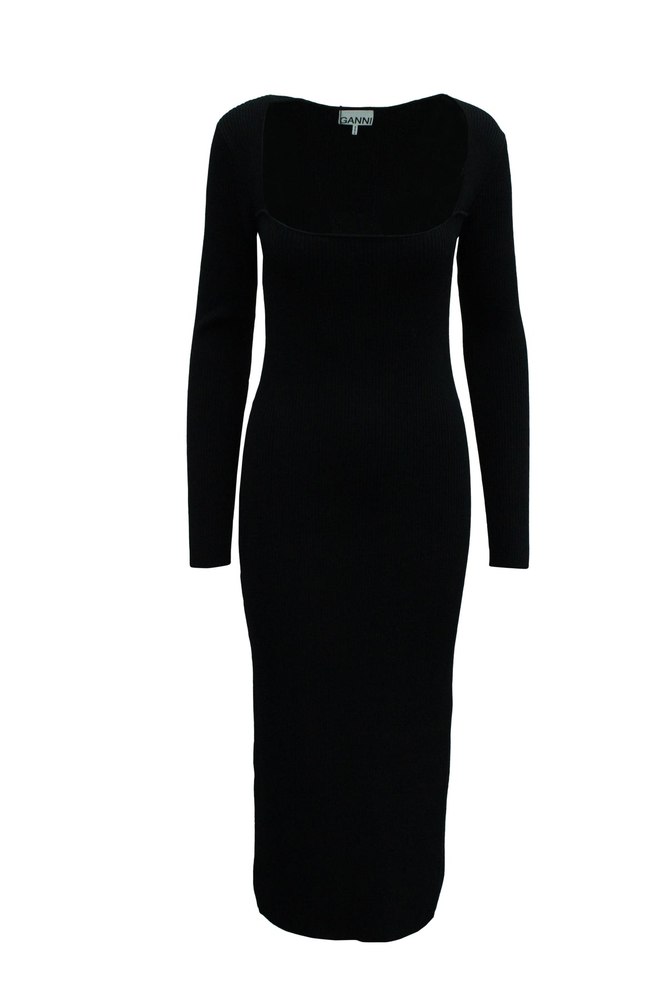 Maje Square-Neck Ribbed-Knit Midi Dress in Black Rayon 7833162776636