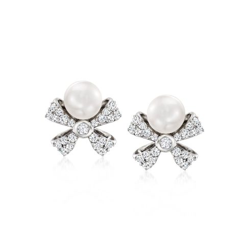 Ross-Simons 5mm Cultured Pearl and . Diamond Bow Earrings in Sterling Silver