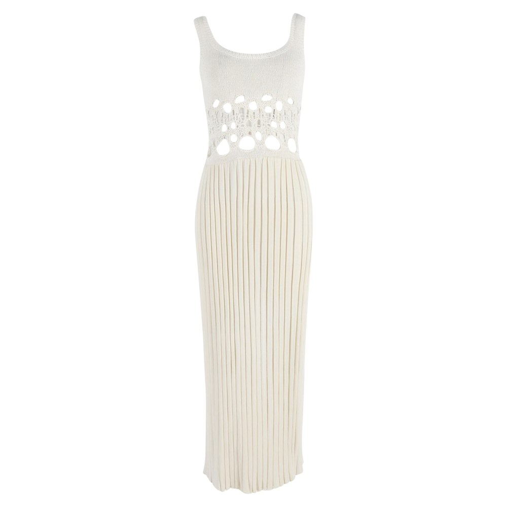 Christopher Esber Pleated Maxi Crochet-Knit Torso Dress in Cream Nylon 7833172934716