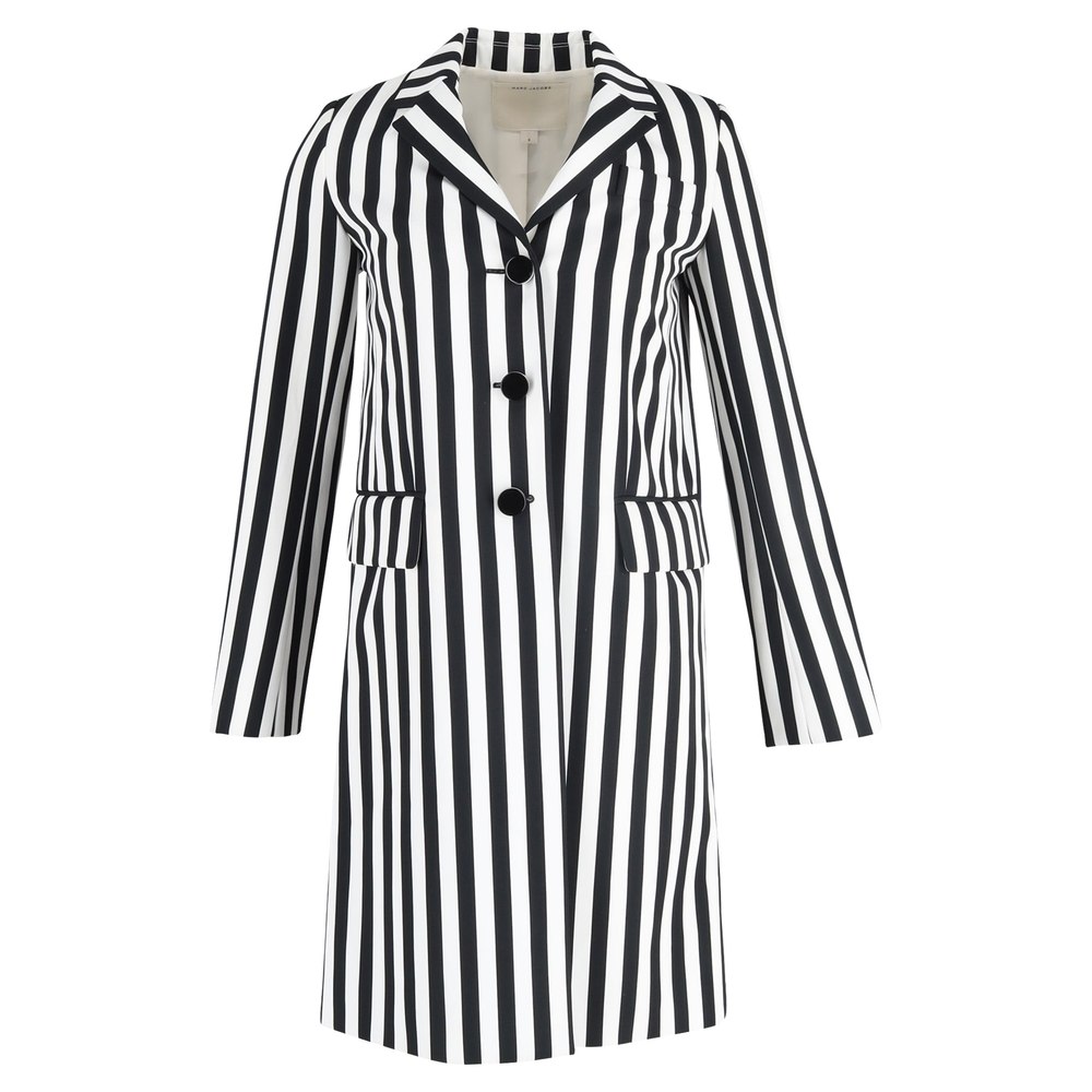 Marc Jacobs Stripe Print Single-Breasted Trench Coat in Black and White Wool 7833183223868
