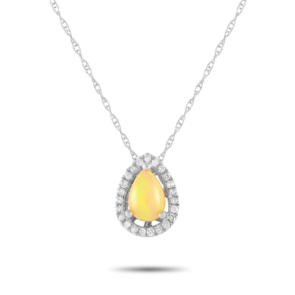 LB Exclusive 14K White Gold 0.05ct Diamond and Opal Pear Necklace PD4-15949WOP