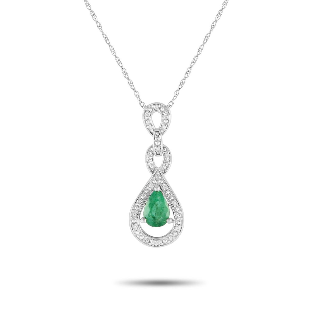 LB Exclusive 14K White Gold 0.08ct Diamond and Emerald Pendant Necklace PD4-16318WEM