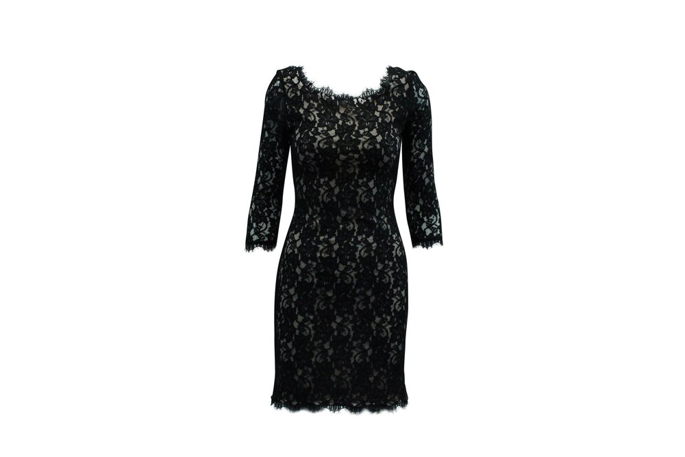 Diane Von Furstenberg Lace Long Sleeves Dress in Black Rayon 7833247809596