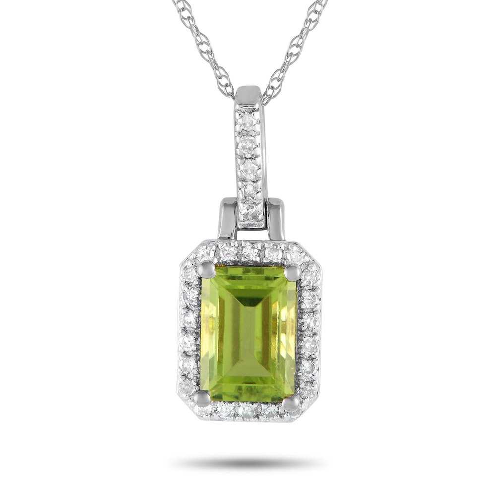LB Exclusive 14K White Gold 0.12ct Diamond and Emerald-Cut Peridot Necklace PD4-15501 WPE