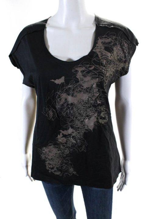 Alexander McQueen Womens Cotton Graphic Scoop Neck Short Sleeve Top Black 7833285001276