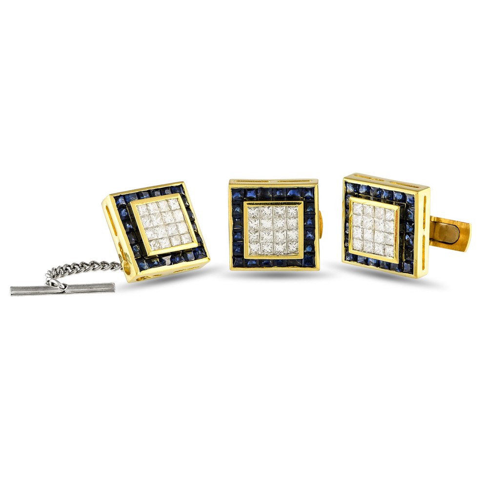 LB Exclusive 18K Yellow Gold 3.45ct Diamond and Sapphire Cufflinks and Tie Tag Set MF02-111723