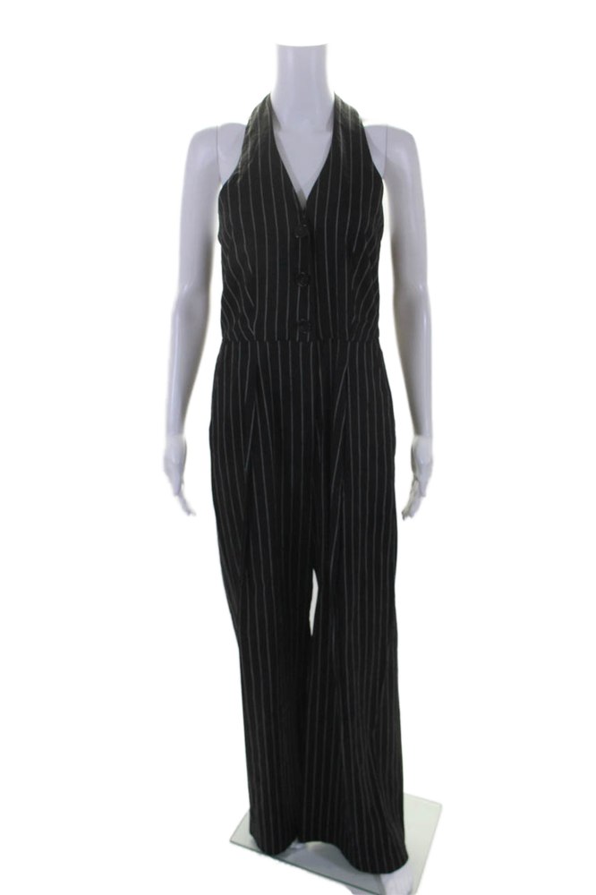 Marella Womens Linen Striped Sleeveless Buttoned Straight Jumpsuit Black 7833413386300