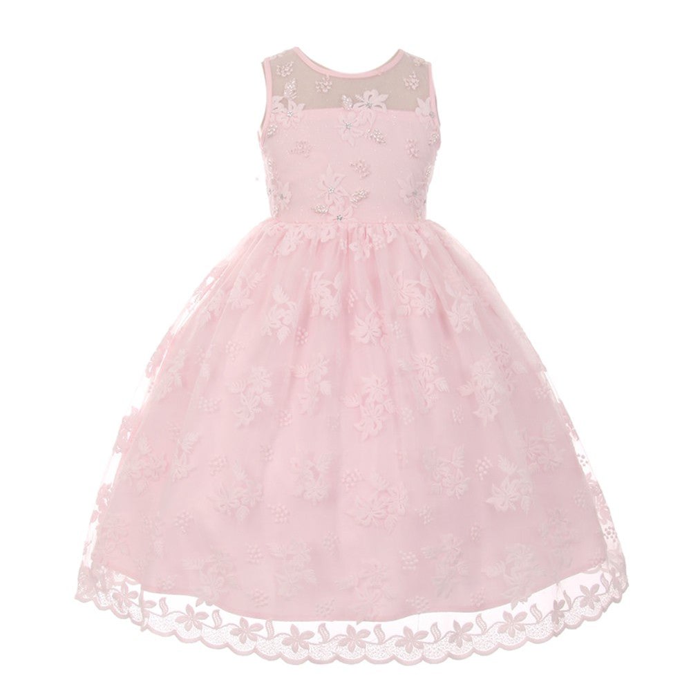 Little Girls Pink Lace Pearl Adorned Flower Girl Easter Dress 2-6