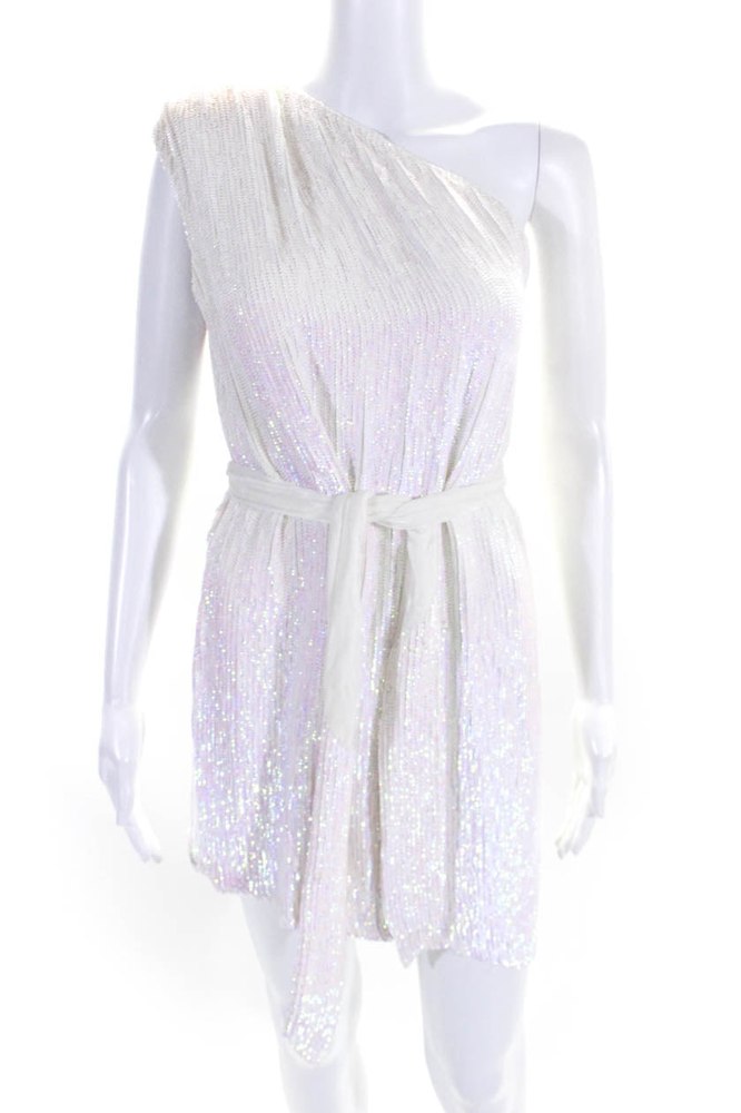 Retrofete Womens Iridescent Sequined One Shoulder Belted Zip Dress White 7833455820860