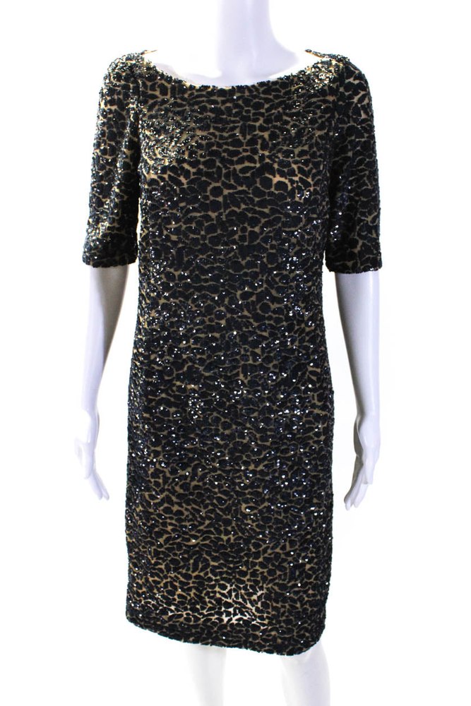 Michael Kors Collection Womens Short Sleeve Mesh Sequin Dress Brown Navy 7833462702140