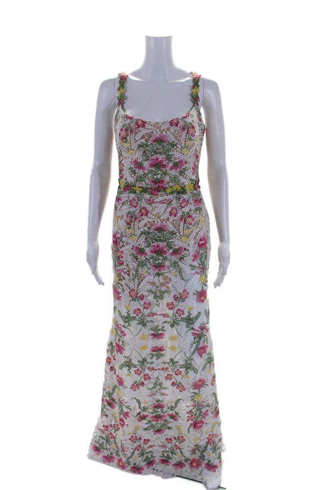 Marchesa Notte Womens White Floral Lace Scoop Neck Sleeveless Gown Dress 7833486262332