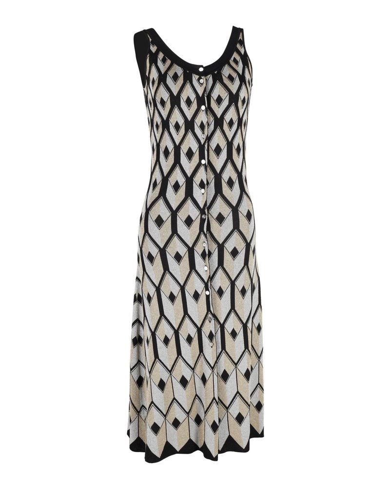 Paco Rabanne Geometric-Intarsia Metallic-Weave Midi Dress In Multicolour Viscose