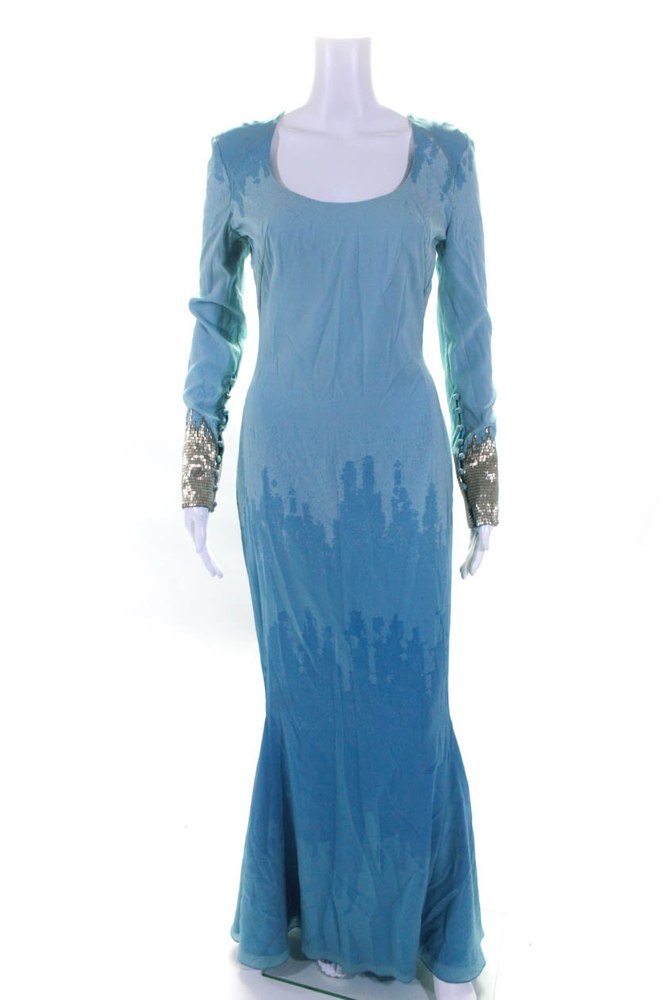 Gomez Gracia Womens Blue Silk Beaded Scoop Neck Zip Back Ombre Gown Dress 7833492324412