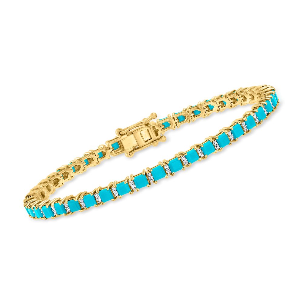 Ross-Simons Turquoise and . Diamond Tennis Bracelet in 18kt Gold Over Sterling