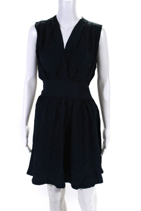 Balenciaga Silk Womens Polka Dot Belted V-Neck Sleeveless Dress Navy 7833493733436