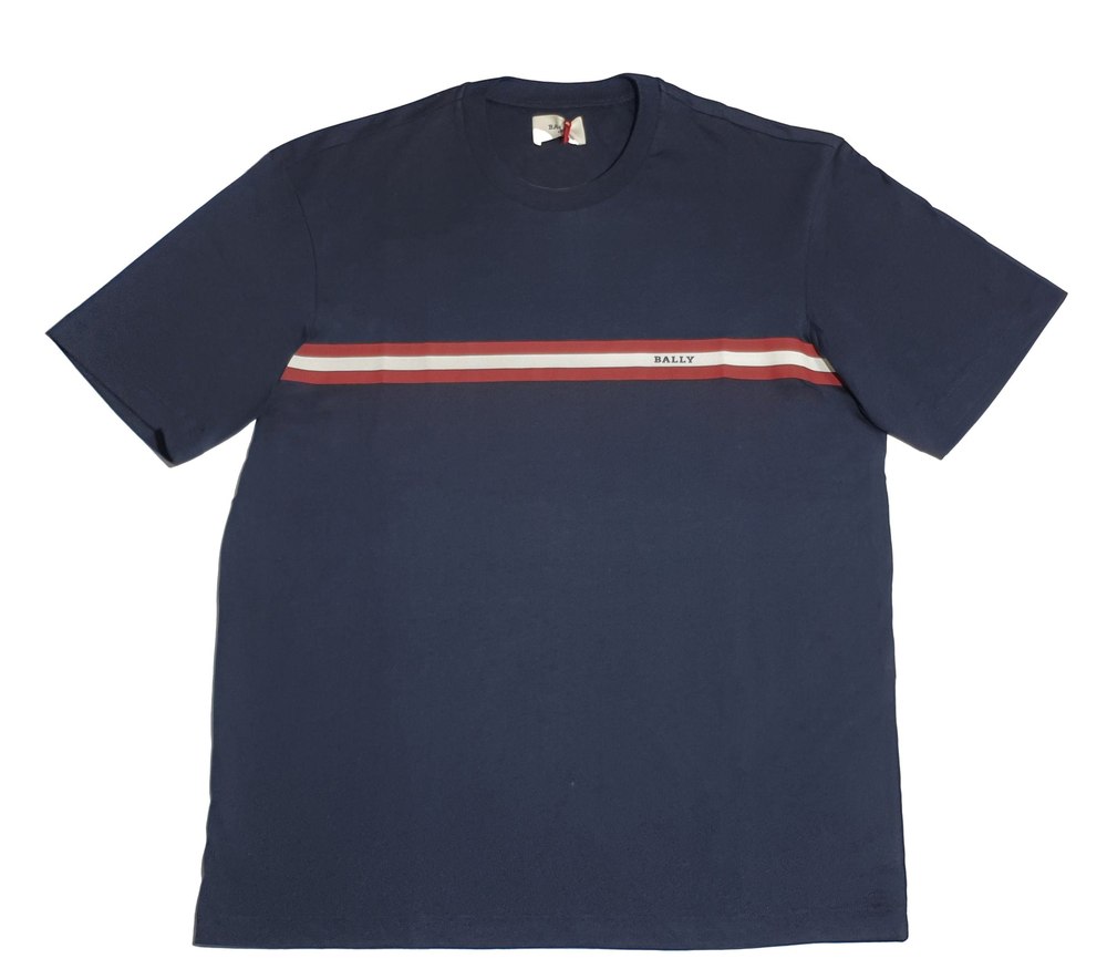 Bally 6233735 Men’s Navy Blue 100% Cotton Striped Logo T-Shirt 7706099646524