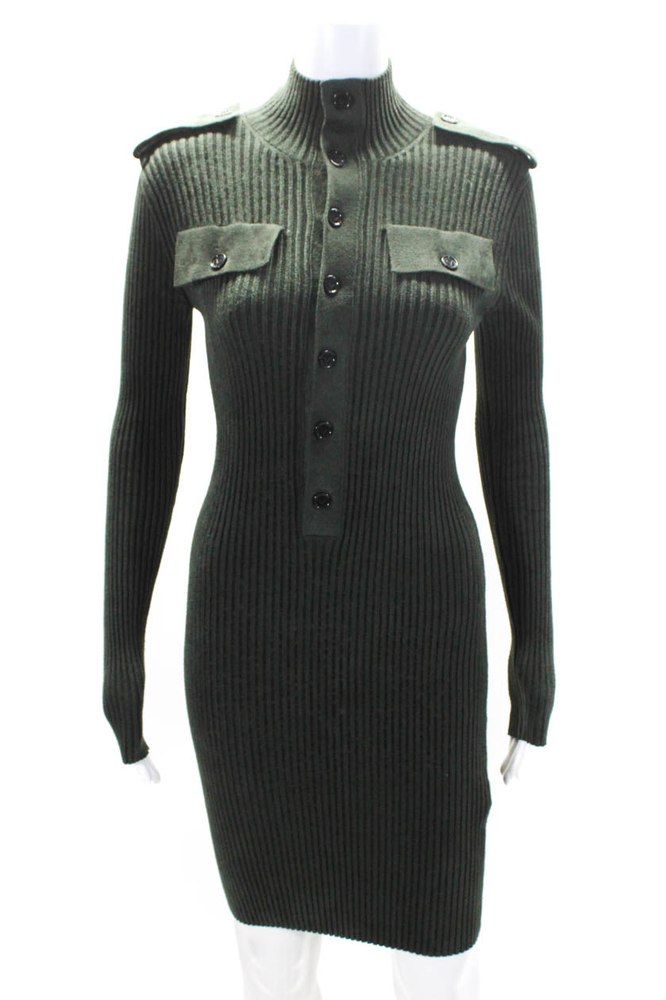 Bottega Veneta Womens Long Sleeve Ribbed Knit Sweater Dress Green 7833556058172