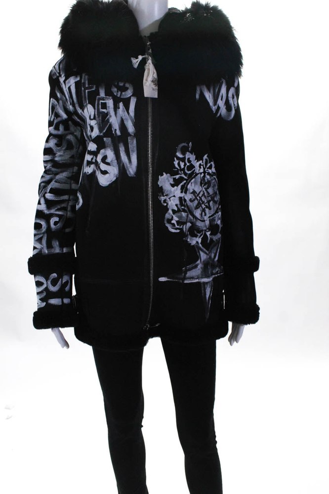 Mr & Mrs Italy Womens Shearling Racoon Fur Collar Painted Jacket Black 7833588465724