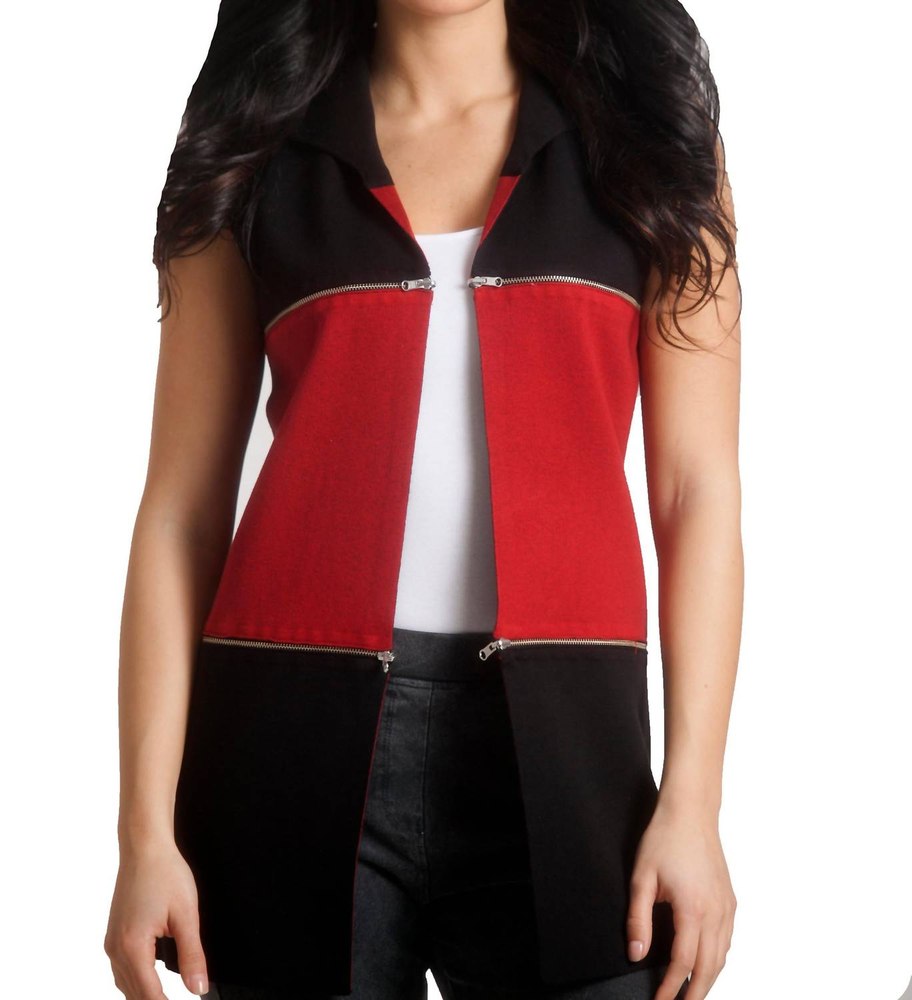 Double Zip Reversible Long Vest In Blackred