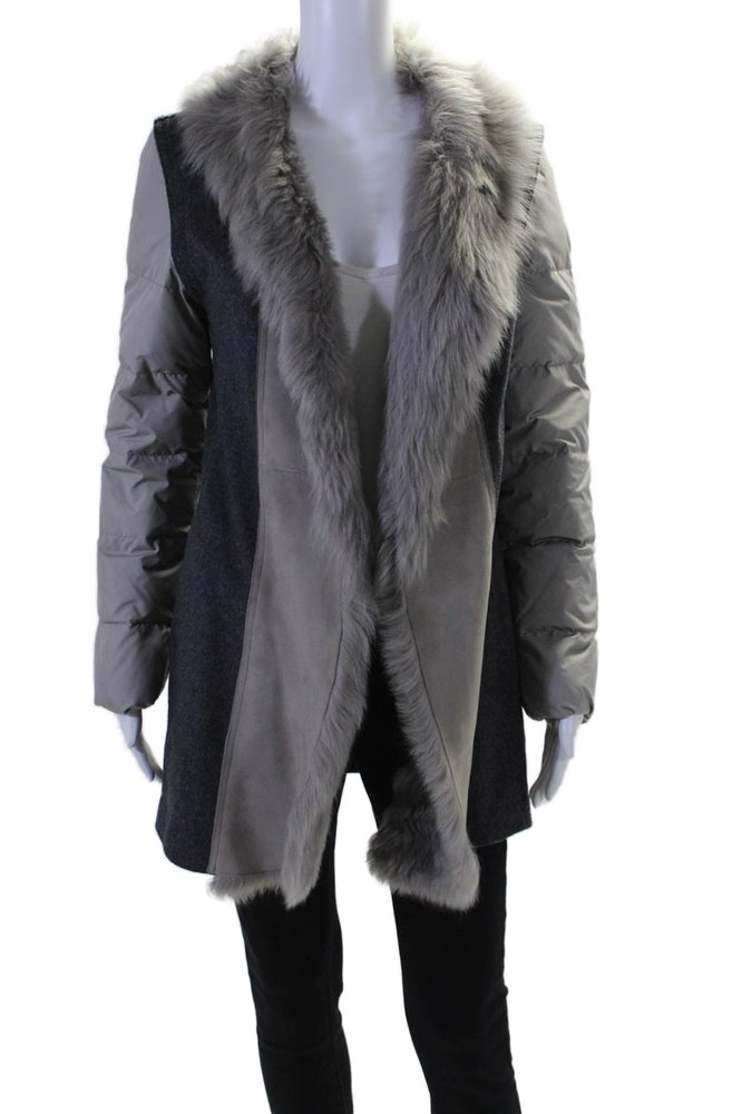 Fabiana Filippi Womens Long Sleeve Fur Collared Knit Puffer Jacket Gray XS 7833614843964