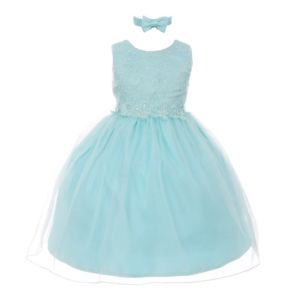 Girls Aqua Floral Trim Organza Overlay Flower Girl Dress 6 Months-4T