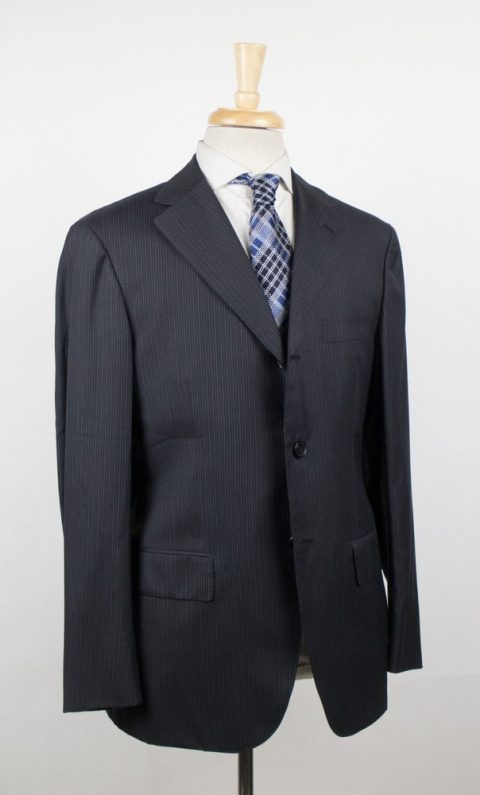 Black Striped Wool Blend 3 Roll Two-Button Sport Coat