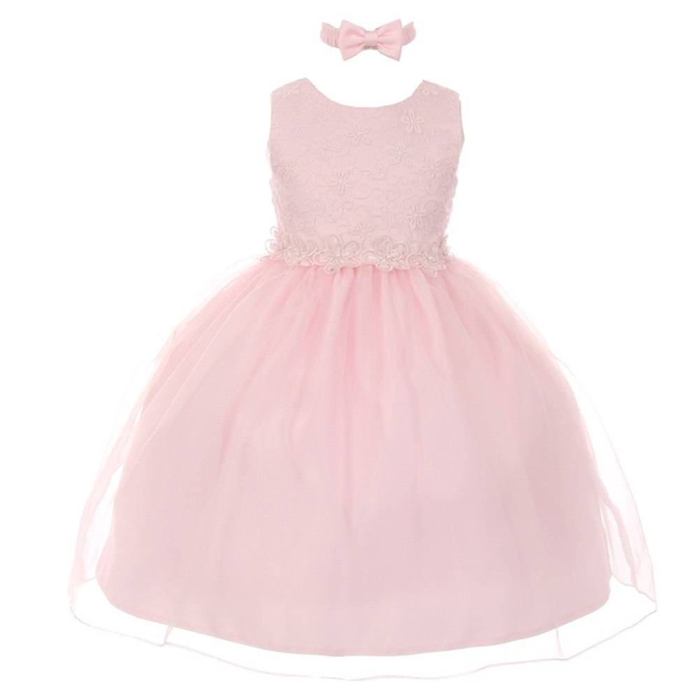 Little Girls Pink Floral Trim Organza Overlay Flower Girl Dress 2-4T