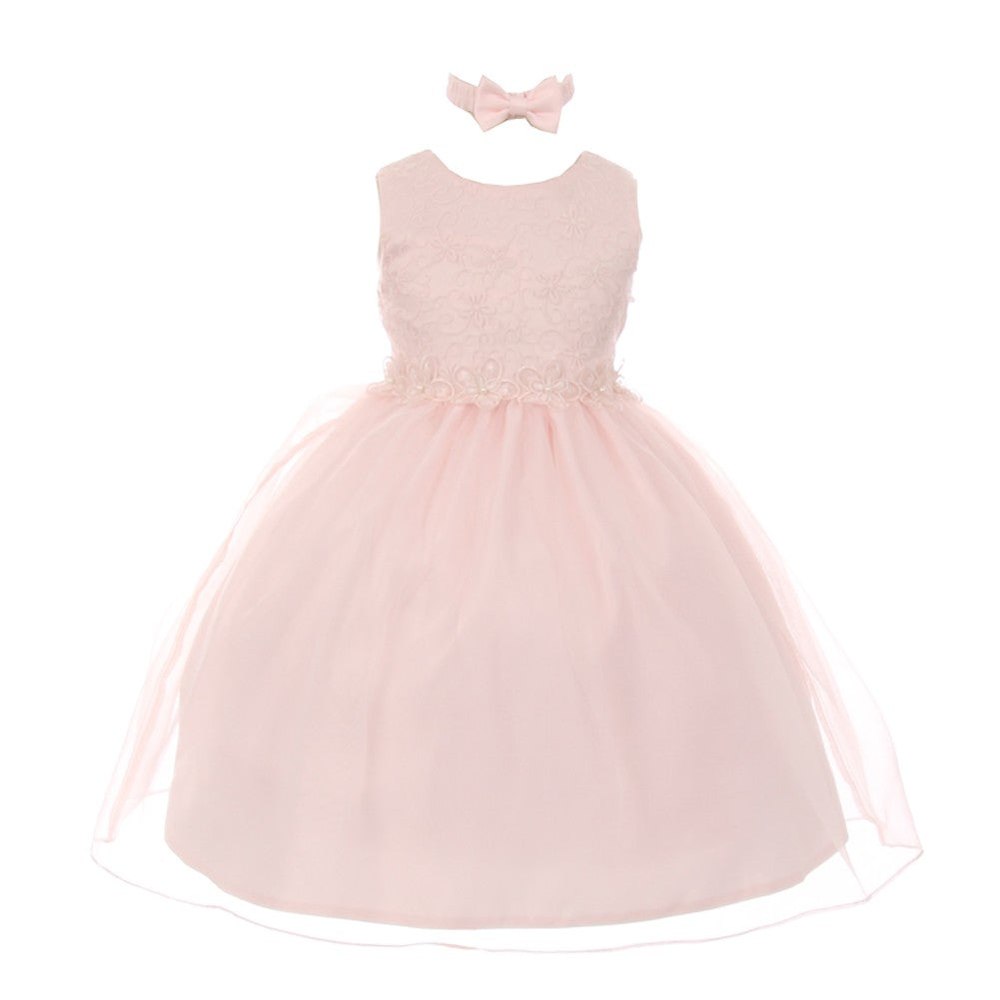 Little Girls Blush Floral Trim Organza Overlay Flower Girl Dress 2-4T
