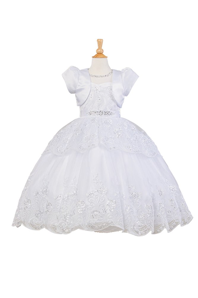 Little Girls White Bow Rhinestone Pearl Bolero Flower Girl Dress 2-6