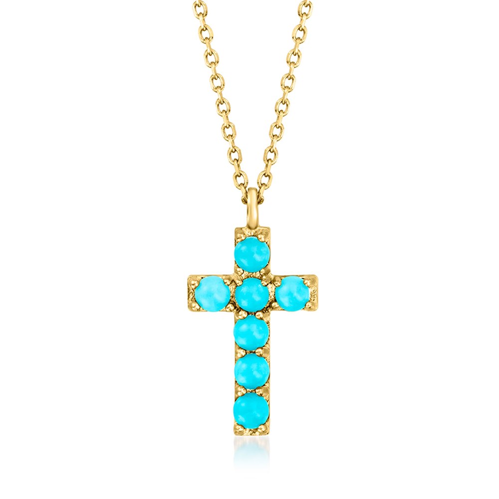 RS Pure by Ross-Simons 2mm Turquoise Cross Pendant Necklace in 14kt Yellow Gold