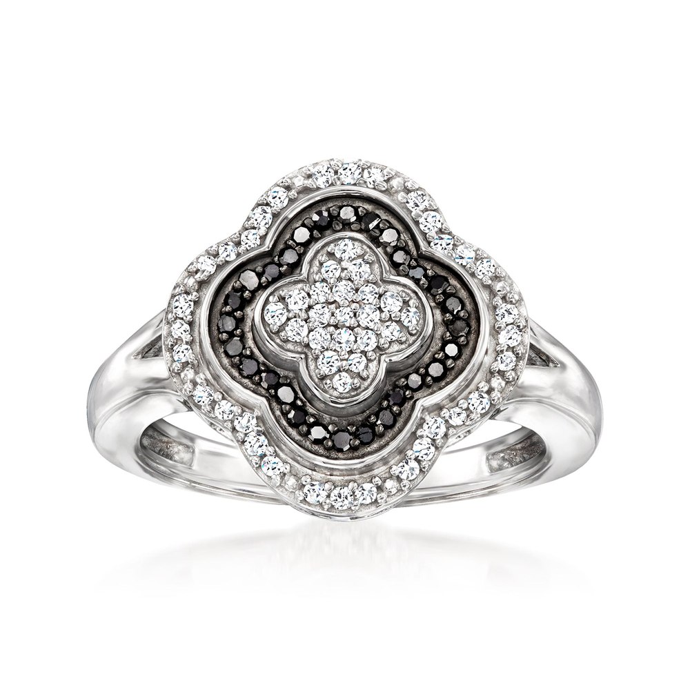 Ross-Simons Black and White Diamond Clover Ring in Sterling Silver. 7707792474172