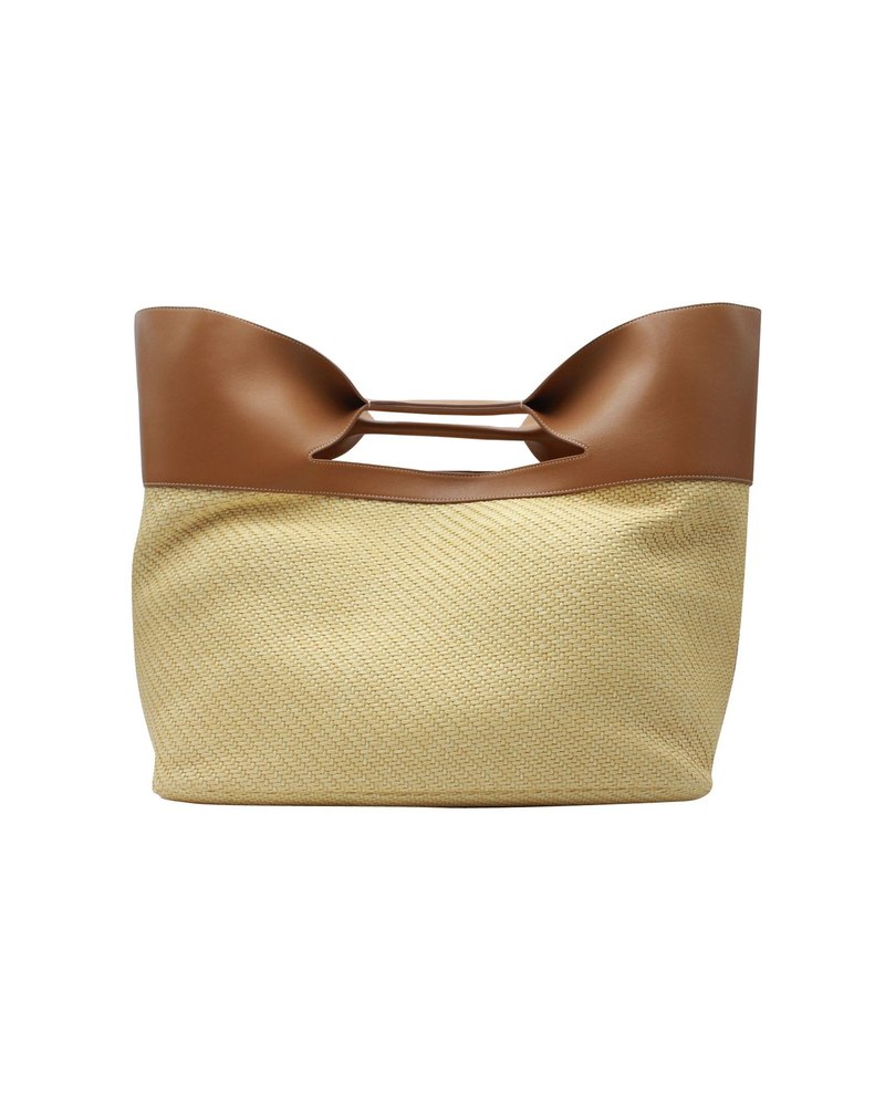 Alexander McQueen The Bow Tote Bag in ‘Natural’ Beige Raffia and Tan Calfskin Leather 7707797127228
