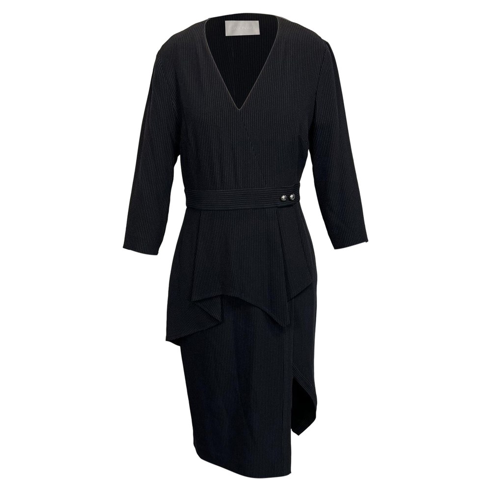 Jason Wu Dashed Pinstripe Midi Peplum Dress in Black Viscose 7833688571964
