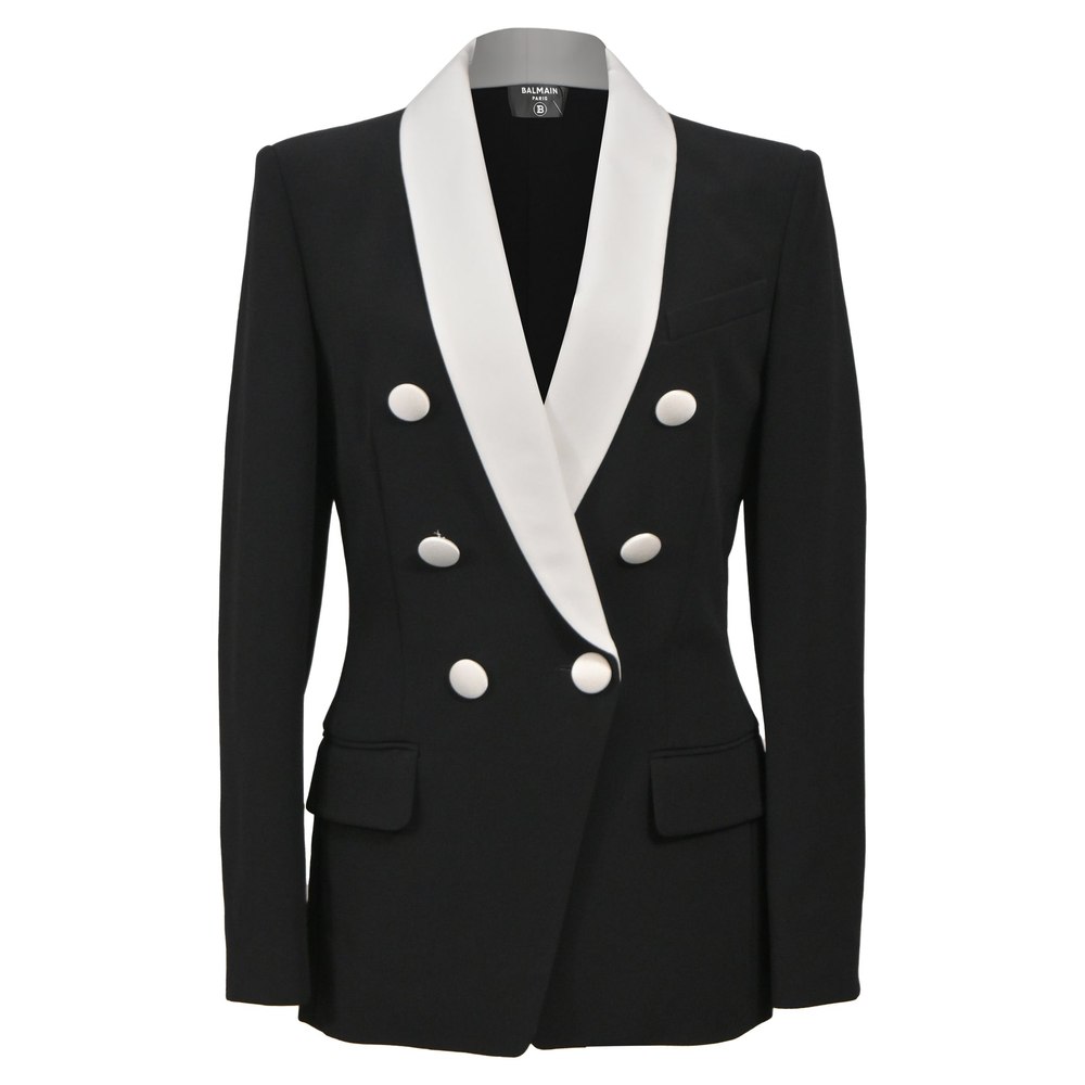 Balmain Double-Breasted Shawl Collar Blazer in Black and White Wool Viscose 7833699811388